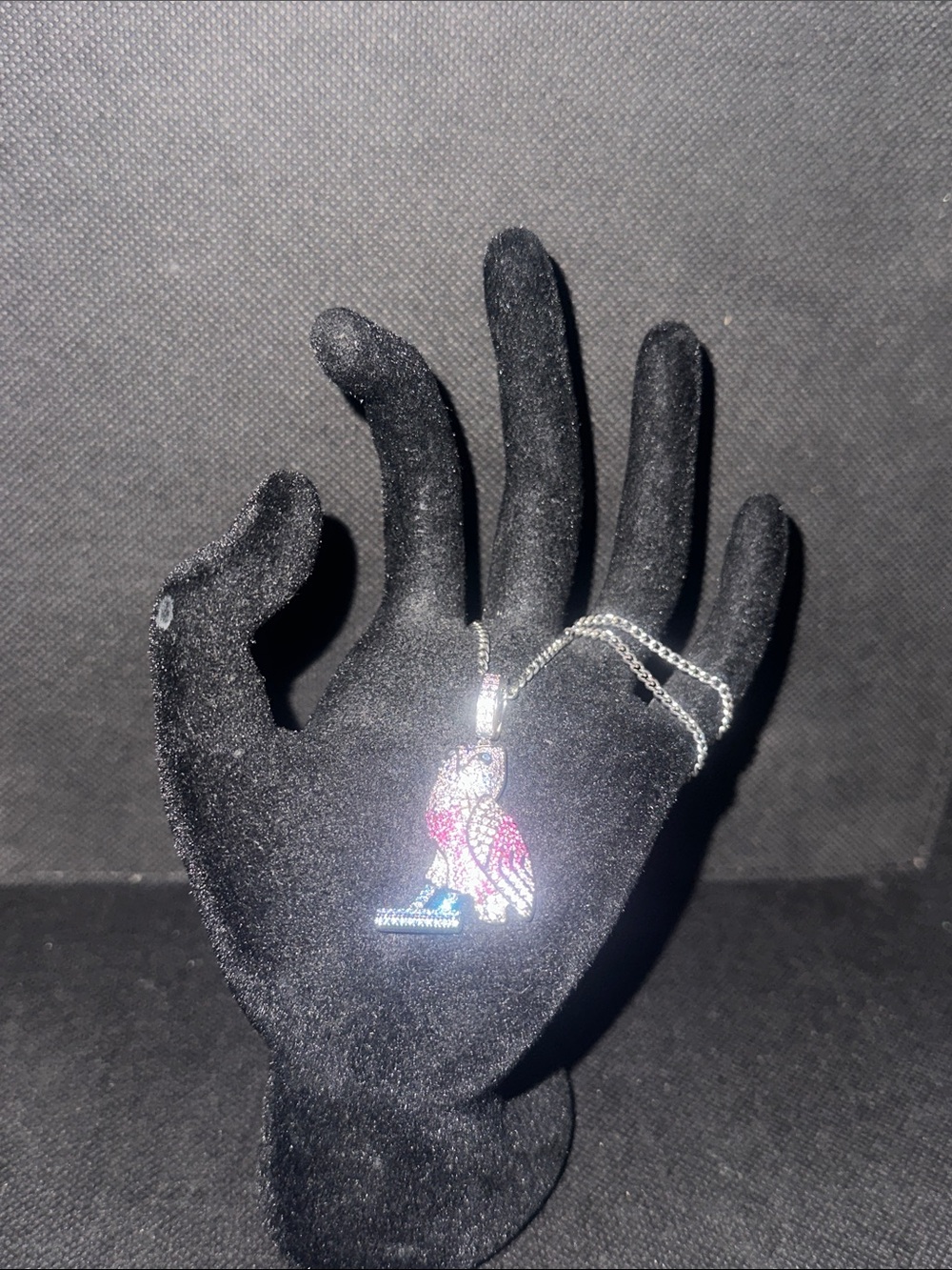 Silver Chain Necklace with Pink and Blue Owl Pendant